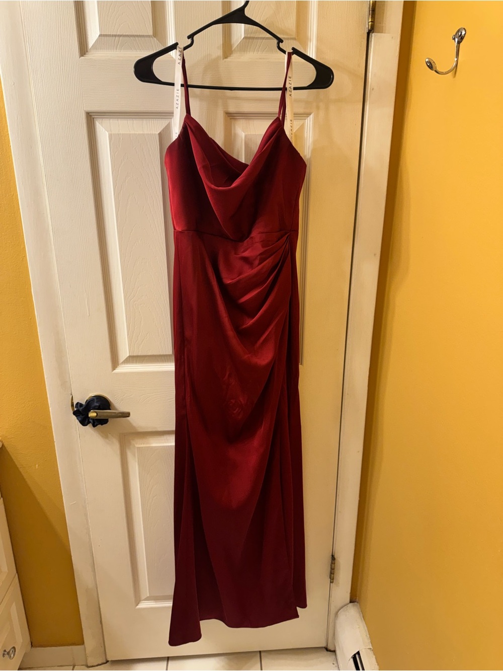 Azazie Satin Cowl-Neck Slit Dress in Wine